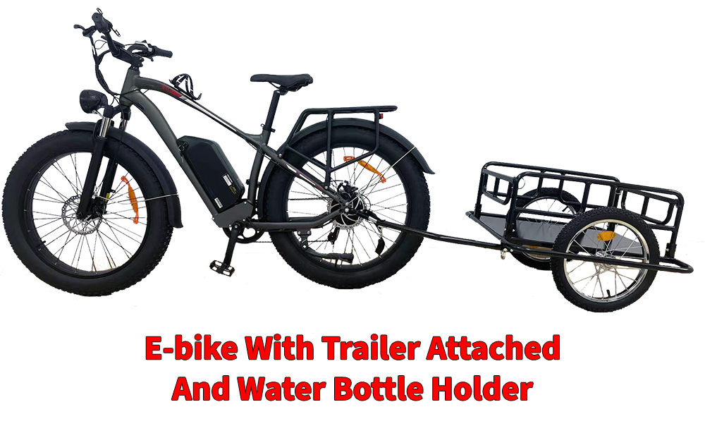 E-bike with trailer attached and water bottle holder