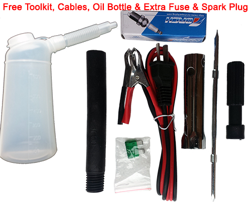 Free toolkit, cables, oil bottle, spark plug and fuse