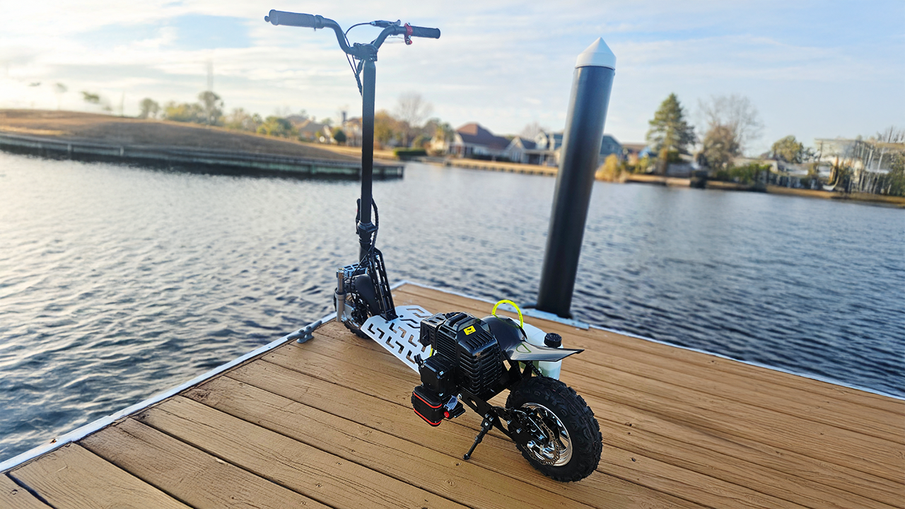 Scooter parked on a boat dock