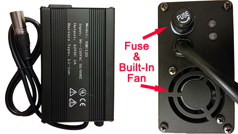 Lithium battery charger with fuse and built-in fan